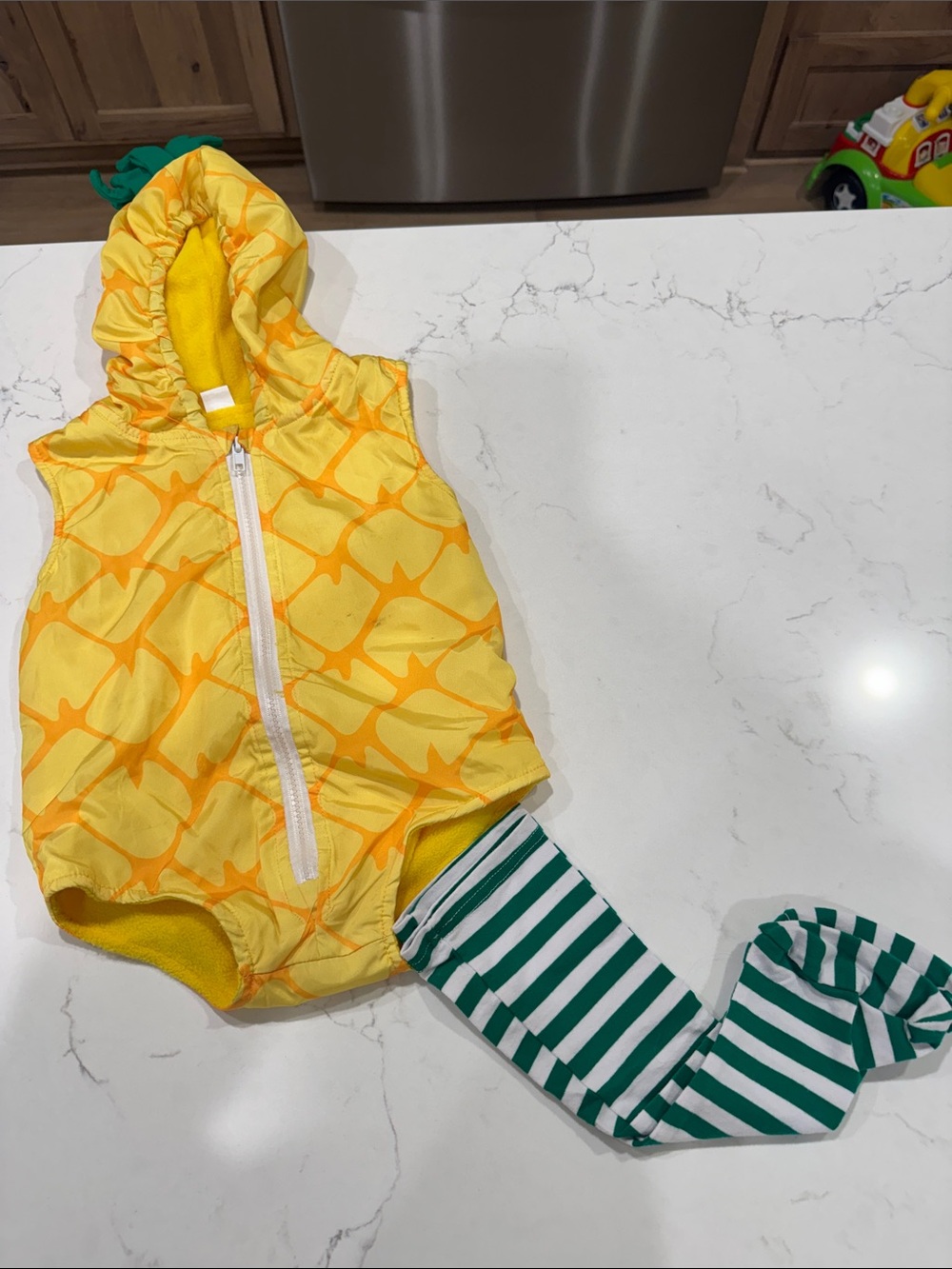 Yellow Pineapple-Inspired Kids Hooded Costume with Green Striped Leggings